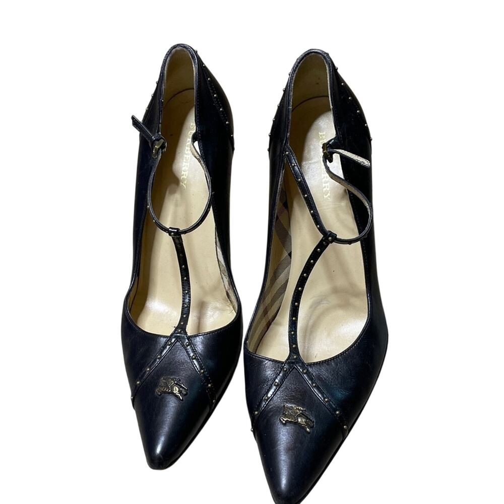 Burberry Black Leather Studded Pumps Size 39 Designer Stiletto Dress Shoes Heels